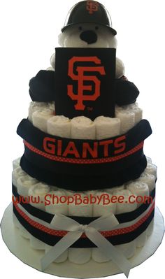 three tiered cake with san francisco giants on top