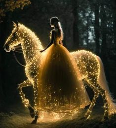 a woman in a dress is riding a horse with fairy lights on its body and tail