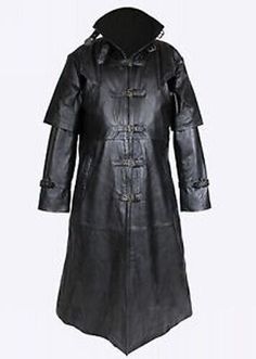 Steampunk Hooded Outerwear For Fall, Hooded Steampunk Outerwear For Fall, Steampunk Long Sleeve Outerwear For Larp, Gothic Leather Outerwear, Gothic Outerwear For Larp In Fall, Fall Gothic Outerwear For Larp, Gothic Leather Outerwear With Long Sleeves, Gothic Leather Outerwear For Fall, Vintage Halloween Outerwear With Buttons