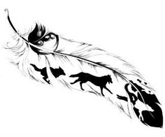 a black and white drawing of a feather with animals on it