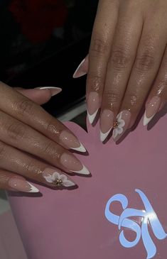 Almond French Nails With Design, Nail Inspo Designs Almond, Unique Almond French Tip Nails, Summer Prom Nails, Bride Almond Nails Wedding, Almond Nails Designs Elegant, Triple French Nails, Pink Almond Nails With Bow, Almond Nails For Birthday