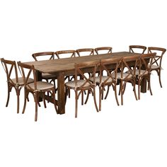 a wooden table with six chairs and a long rectangular dining table in the middle is made out of wood