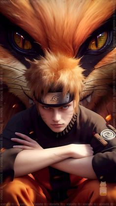 an anime character is posing with his arms crossed in front of a fox's head