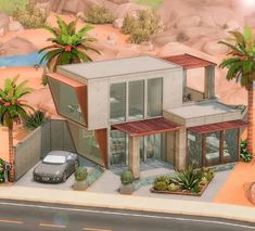 an artist's rendering of a house in the desert with palm trees and a car