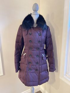 Luxury Burgundy Outerwear With Lapel Collar, Luxury Chic Burgundy Outerwear, Burgundy Wool Winter Outerwear, Burgundy Leather Winter Outerwear, Luxury Burgundy Winter Outerwear, Burberry Brit, Belted Coat, Fur Collars, Puffer Coat