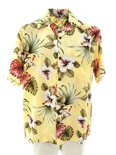 Hibiscus & Monstera Light Yellow Rayon Men's Hawaiian Shirt Hawaiian Shorts, Hawaiian Dress, Aloha Shirt, Mens Hawaiian Shirts, Hawaii Shirt, Hawaiian Shirts, Stylish Shirts, Light Yellow, Summer Shirts