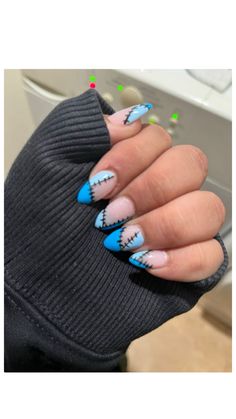 Nails Acrylic Pattern, Acrylic Nails Corpse Bride, Corpse Bride Nails Inspired, Halloween Stitches Nails, Stitch Nails Halloween, Stitch Almond Nails, Corpse Bride Nails Acrylic Simple, Frankie Stein Inspired Nails