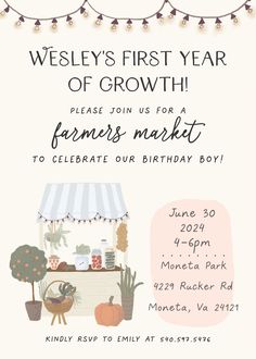 a birthday party flyer for a farmer's market with an image of a farm stand