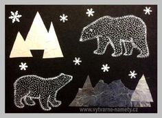 an image of polar bears and snowflakes on a black background with white stars