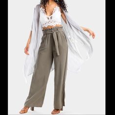 Elastic Around The Waist With Tie Slight Flare In The Leg Pockets On The Side Nwt Flare Pant, Green Paper, Flare Pants, Olive Green, Pant Jumpsuit, Paper Bag, Pants For Women, Elastic, Pants