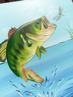 a painting of a large mouth bass jumping out of the water to catch a fly