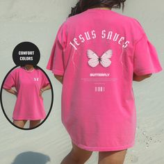 "Cute Jesus tshirt | Christian Clothes | Faith Based Apparel | God Is Good tee | Christian gifts for her Beach Hoodies (front/back designs): https://etsy.me/37eabgO Christian sweatshirts: https://etsy.me/3ANhUyw Teacher - School: https://bit.ly/3ZCU1nS 💡 HOW TO PLACE YOUR ORDER: 1. Please Check and Review all the Photos 2. Select your Shirt Color and Size from drop down menu 3. Choose your Quantity as much as you want 4. Click \"Add To Cart\". You can go back to add more of your favorite items 5. Click \"Proceed to Check Out\" 6. Wait for your package to arrive and enjoy the item 👕 Your Comfort Colors shirt is: Gildan is back with its garment-dyed t-shirt made 100% with ring-spun cotton. The soft-washed, garment-dyed fabric brings extra coziness to your wardrobe while the relaxed fit mak Pink Relaxed Fit T-shirt With Letter Print, Trendy Pink T-shirt With Front Print, Oversized Pink Graphic T-shirt, Pink Graphic Tee With Front Print, Pink Short Sleeve T-shirt With Front Print, Oversized Pink Top With Graphic Design, Pink Graphic Tee With Slogan, Pink T-shirt With Letter Print In Relaxed Fit, Pink Relaxed Fit T-shirt With Text Print