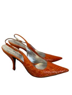 Gorgeous color on these 90s Dolce slingbacks in an embossed orange leather. 4" heels and minimal wear. Summer Orange Slingback Pumps With Pointed Toe, Summer Orange Pointed Toe Slingback Pumps, Orange Chic Pointed Toe Slingback Pumps, Orange Pointed Toe Slingback Pumps With Heel Strap, Orange Open Heel Formal Heels, Orange Leather Heels With 4-inch Heel, Orange Slingback Pumps For Formal Occasions, Orange Heels With Heel Strap For Formal Occasions, Elegant Orange Slingback Pumps For Formal Occasions