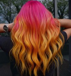 Neon Hairstyles, Pink Yellow Hair, Pink And Yellow Hair, Sunrise Hair, Pink And Orange Hair, Yellow Hair Color, Split Dye, Hair Dye Tips, Fire Hair