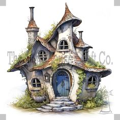 a drawing of a small house with lots of windows and ivy growing on the roof