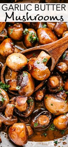 garlic butter mushrooms in a pan with a wooden spoon