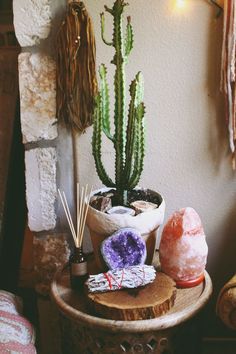 a cactus sitting on top of a wooden table next to a candle and other items