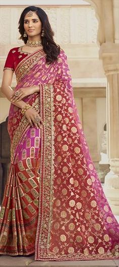 Pink and Majenta, Red and Maroon color Saree in Georgette fabric with Border, Embroidered, Printed, Thread, Zari work Bollywood Lehenga For Marriage During Diwali, Traditional Marriage Wear With Intricate Embroidery, Embroidered Traditional Drape For Marriage, Fitted Festive Traditional Wear For Marriage, Bollywood Style Lehenga For Marriage, Traditional Wear With Zari Work For Marriage, Traditional Drape Lehenga For Marriage, Traditional Drape Sets With Resham Embroidery For Marriage, Festive Sets With Resham Embroidery For Marriage