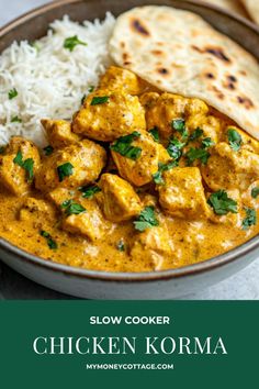 slow cooker chicken korma served with rice and pita bread on the side