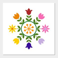 the colorful flowers are arranged in a circle on a white background, with green leaves