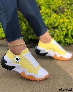 Color: yellow, Size: US9.5 Ladies Sneakers, Sneakers Sale, Star Decor, Sneakers Patterns, Summer Sneakers, Chic Type, Cut Canvas, Star Sneakers, Round Toe Heels