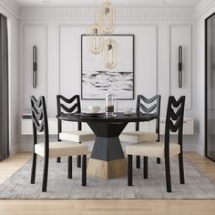 a dining table with four chairs and a chandelier