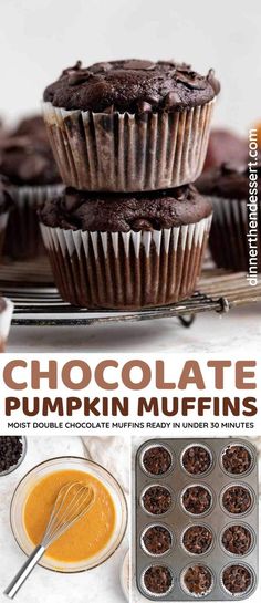 chocolate cupcake muffins with orange sauce in the middle and ingredients to make them