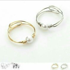 two rings with pearls are shown on the left and right sides, one is gold