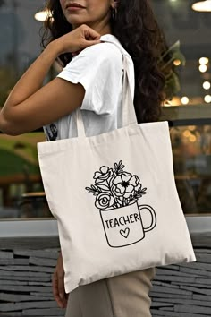 Cricut Tote Bag, Celebrity Casual Outfits, Teacher Teaching, Flower Tote