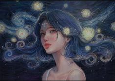 a painting of a woman with blue hair and stars in the sky above her head