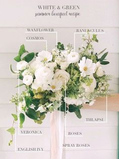 an arrangement of white flowers and greenery with the names of their parts labeled on it