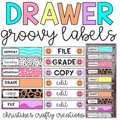 a classroom poster with the words drawer grooy labels and pictures on it in different colors