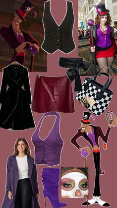 a collage of women's clothing and accessories in purple, black, red, and white