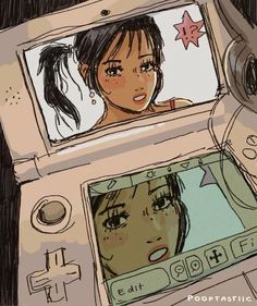 a drawing of a girl in a tv screen with her head turned to the side