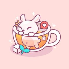 an animal is sitting in a cup with a bow on its head and holding a heart