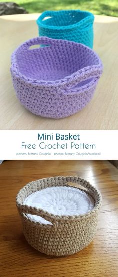 three crocheted baskets sitting on top of a wooden table next to each other