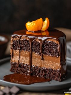 a piece of chocolate cake with oranges on top