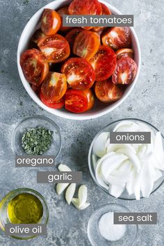 the ingredients to make this dish include tomatoes, onions, garlic and seasoning in small bowls