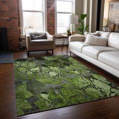 a living room filled with furniture and a green rug