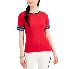 Tommy Hilfiger's Cotton Tee Is Anything But Basic, Courtesy Of Colorful Stripe Details At The Sleeves. Red Fitted Cotton Tops, Trendy Stretch Red Tops, Trendy Red Stretch Tops, Red Stretch Casual T-shirt, Fitted Red Crew Neck Top, Red Crew Neck Trendy Tops, Trendy Red Crew Neck Top, Red Fitted Crew Neck T-shirt, Spring Tommy Hilfiger Stretch Top