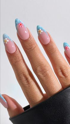 Funky Vacation Nails, Hawaii Nail Inspo Almond, Coastal Floral Nails, Vacation Nails￼, Blue Groovy Nails, Fiji Nails, Bali Nails, Island Nails, Short Summer Nails