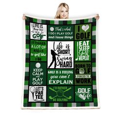 a woman holding up a green and white blanket with the words life is short, hard to