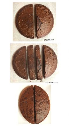 three different pictures of chocolate cake with one cut in half