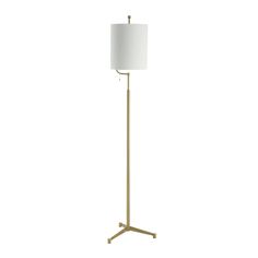 a floor lamp with a white shade on the top and a gold metal frame base