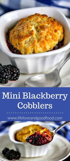 mini blackberry cobbler in a white bowl with berries on the side