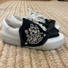 Very Good Condition True To Size Lightly Padded Insole Elegant Embellished Low-top Sneakers, Black Embellished Round Toe Sneakers, Party Sneakers Embellished Black, Black Embellished Party Sneakers, Party Black Embellished Sneakers, Embellished Leather Sneakers For Party, Embellished Sneakers, Italian Design, White Black