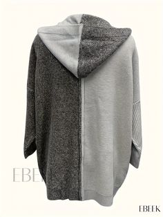 Ebeek - Womens Color Block Open Front Knit Cardigan, Long Sleeve Loose Hooded Sweater Coat for Casual Wear Gray Hooded Sweater Coat For Cold Weather, Gray Knit Hooded Outerwear, Gray Hooded Cardigan For Cold Weather, Gray Hooded Knit Outerwear, Oversized Knitted Hooded Outerwear, Gray Knitted Hooded Cardigan, Gray Hooded Knitted Cardigan, Gray Knit Hoodie For Fall, Gray Hooded Sweater Coat For Fall