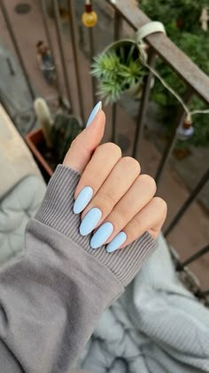 One Color Spring Nails, Pale Blue Nail Designs, Light Blue Nails Matte, Blue Nails With White Lines, Blue Minimalist Nails, Blue Nails Pastel, Matte Nails Blue, Simple Almond Acrylic Nails, Blue Nails Matte