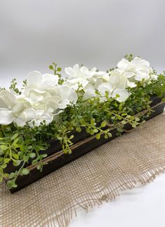 Realistic white hydrangea flowers with greenery in wooden planter box Greenery Home Decor, White Hydrangea Centerpieces, Hydrangea Arrangement, Hydrangea Bloom, Summer Centerpieces, Hydrangea Centerpiece, Farmhouse Centerpiece, Hydrangea Arrangements, Wooden Planter