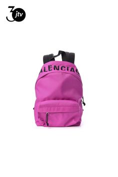 Balenciaga Nylon Wheel Logo Backpack Fuchsia. This stylish backpack is crafted of nylon in fuchsia. The bag features an embroidered black Balenciaga logo across the top, a front zipper pocket, a black canvas top handle, and adjustable padded black shoulder straps. The wrap-around silver zippers open the bag to a black nylon interior with zipper and patch pockets. This lovely backpack is spacious enough for all of your necessities, with the fashion forward appeal of Balenciaga!    Model: 565798 Nylon Bag With Embroidered Logo For Everyday Use, Nylon Standard Backpack With Logo Patch, Everyday Nylon Bags With Embroidered Logo, Nylon Logo Backpack, Nylon Backpack With Logo For Everyday Use, Everyday Nylon Backpack With Logo, Logo Nylon Backpack, Pink Nylon Backpack, Functional Nylon Backpack With Logo